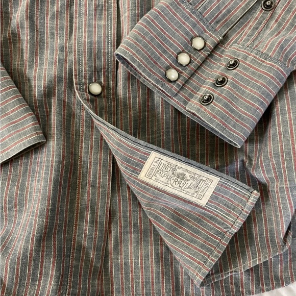 RRL Ralph Lauren Pearl Snap Striped Denim Oxford Western Cut Workshirt Size L - Picture 2 of 8